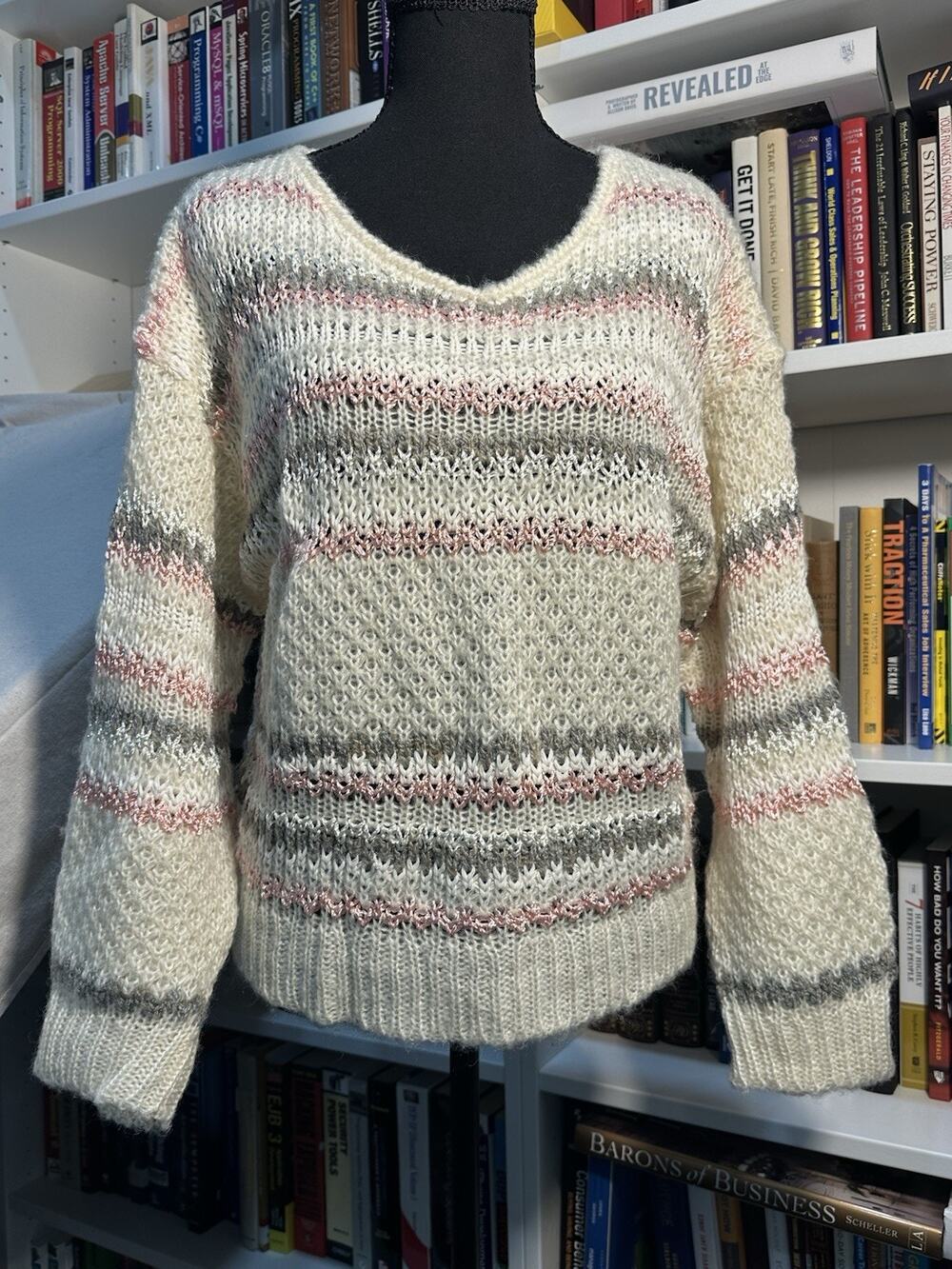 Vintage Koret Fuzzy Metallic Stripe Sweater XL Coquette Balletcore Grandpa Chic